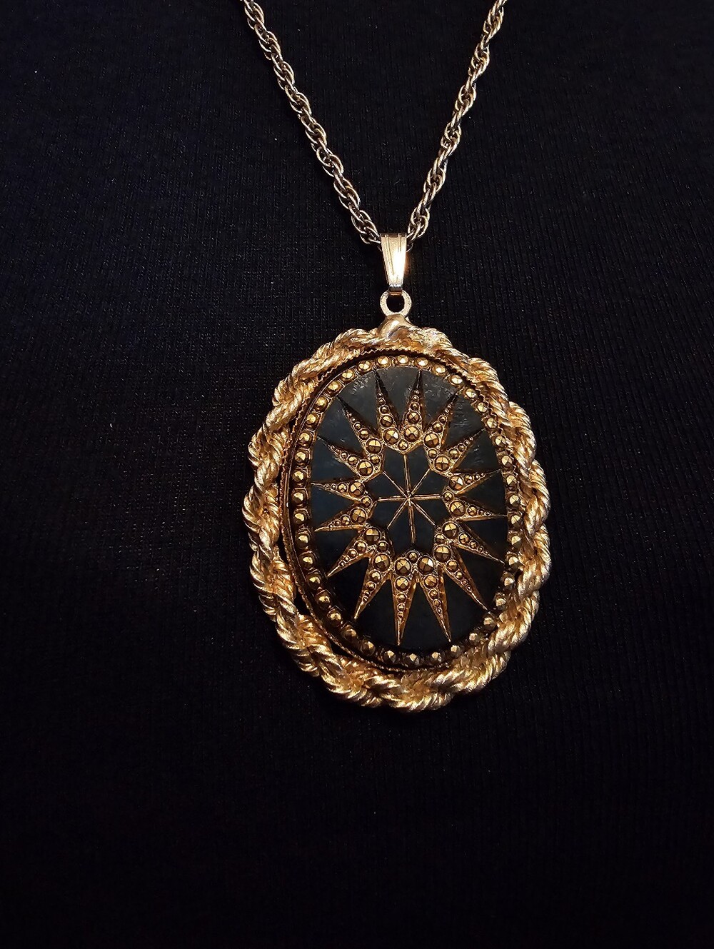 Gold and Black Starburst Pendant Necklace - Women Jewelry